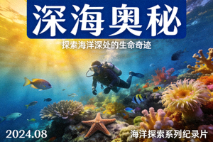 纪录片《深海奥秘》海报，潜水员在珊瑚礁中探索海洋生物
