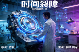 科幻电影《时间裂隙》海报，科学家在实验室操作时间机器