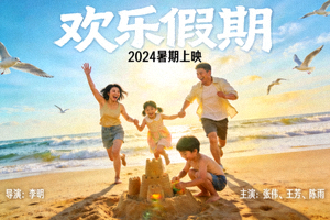 喜剧电影《欢乐假期》海报，一家人在海滩上嬉戏玩耍